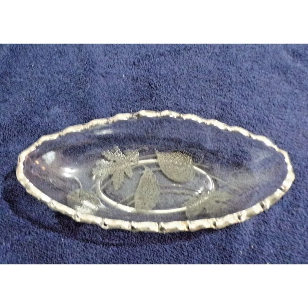 Vintage MCM Overlay Glass Serving Dish w/Silver Scalloped Edge and Leaf Overlay